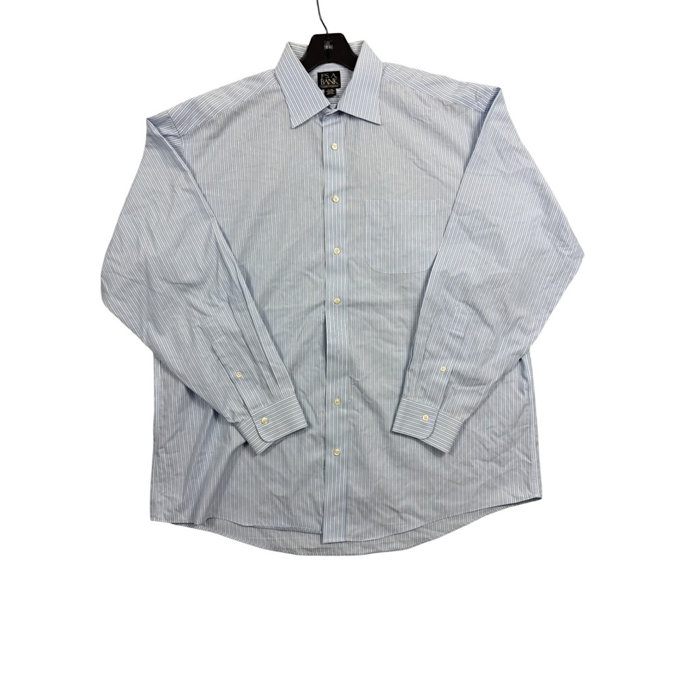 Jos A Bank Travelers Collection Mens 17-35 Blue White Striped Dress Shirt Cotton
